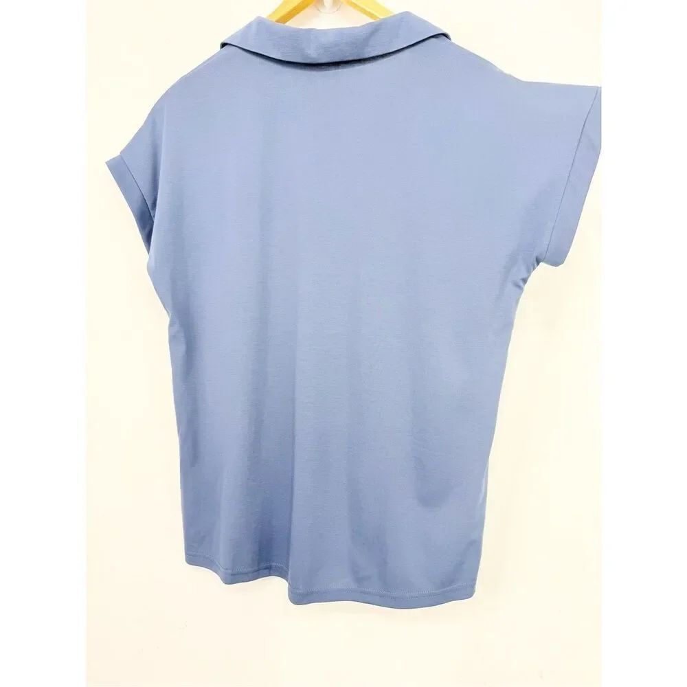 Vivilli Slate Blue Collared V Neck Short Sleeve Pullover Casual Top NEW - Picture 6 of 9